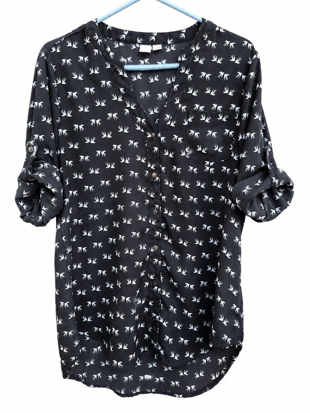 BONGO Whimsigoth Bird Black White Print Roll Tab Blouse XL Office Boho Y2K